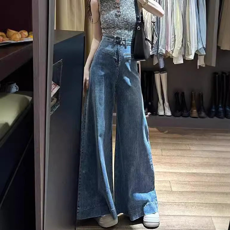 Jean large à jambes larges au sol bleu rétro avec drapé