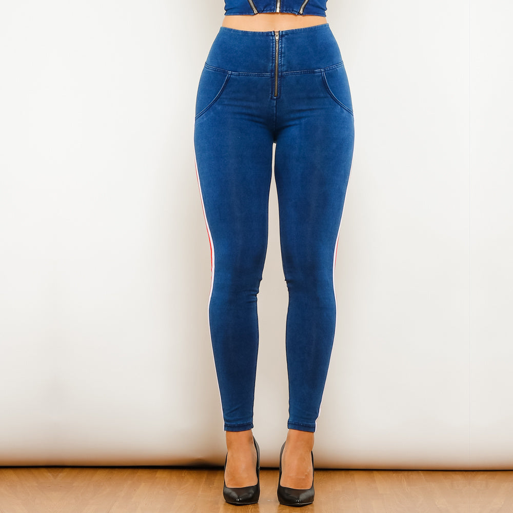 धारीदार स्लिम डिजाइन के साथ काले खिंचाव पेंसिल jeggings