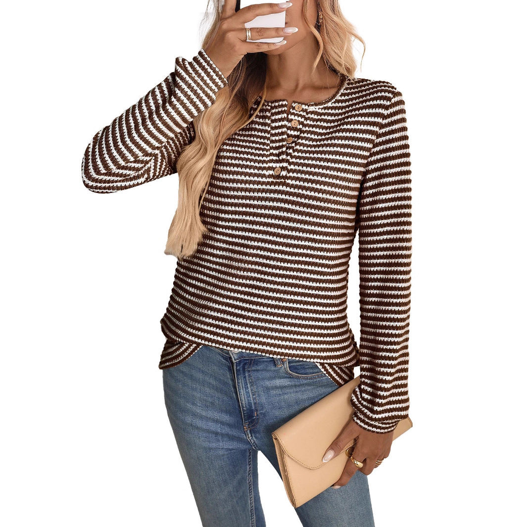 Pineapple Grid Knit Long Sleeve Round Neck T-Shirt For Women