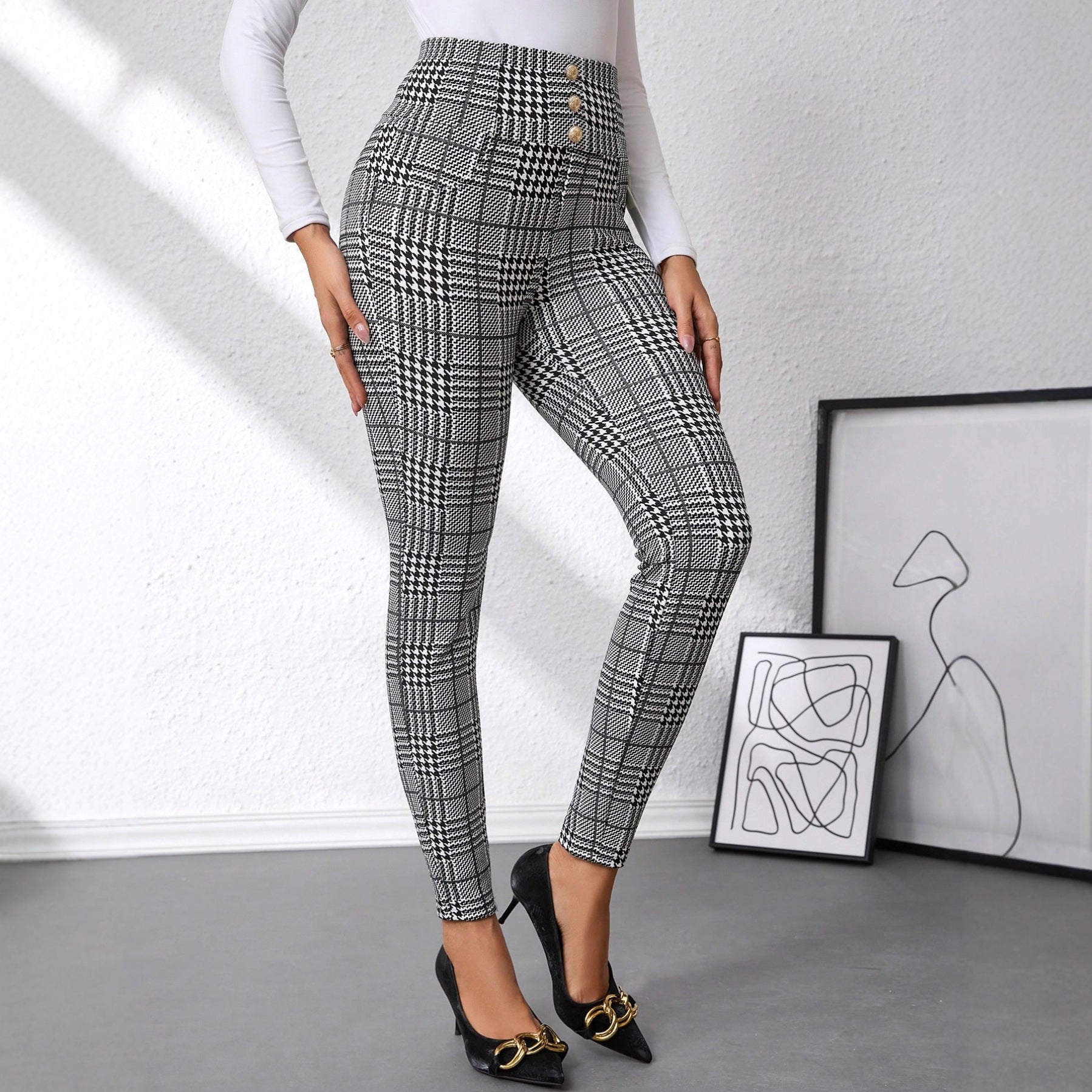 Women's Check Print Button Embellished High-waist Slim-fit Knit Pants