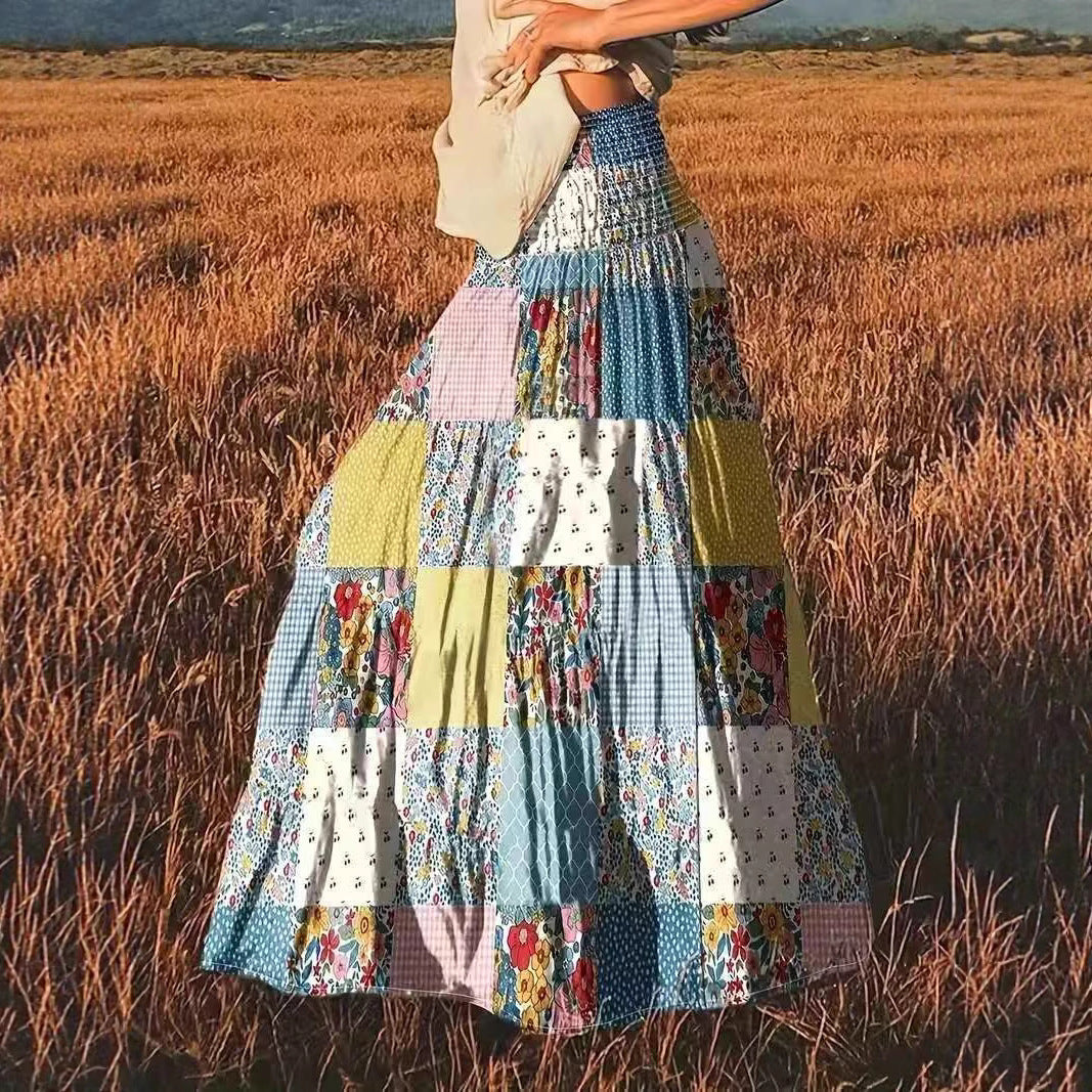 Gedrukte stikselde bloemen lange rok voor populaire dagelijkse kleding