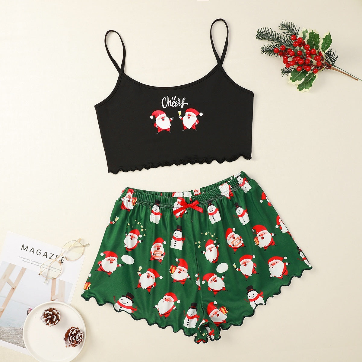 Women's Adorable Two Piece Christmas Pajama Crop Top and Shorts Set