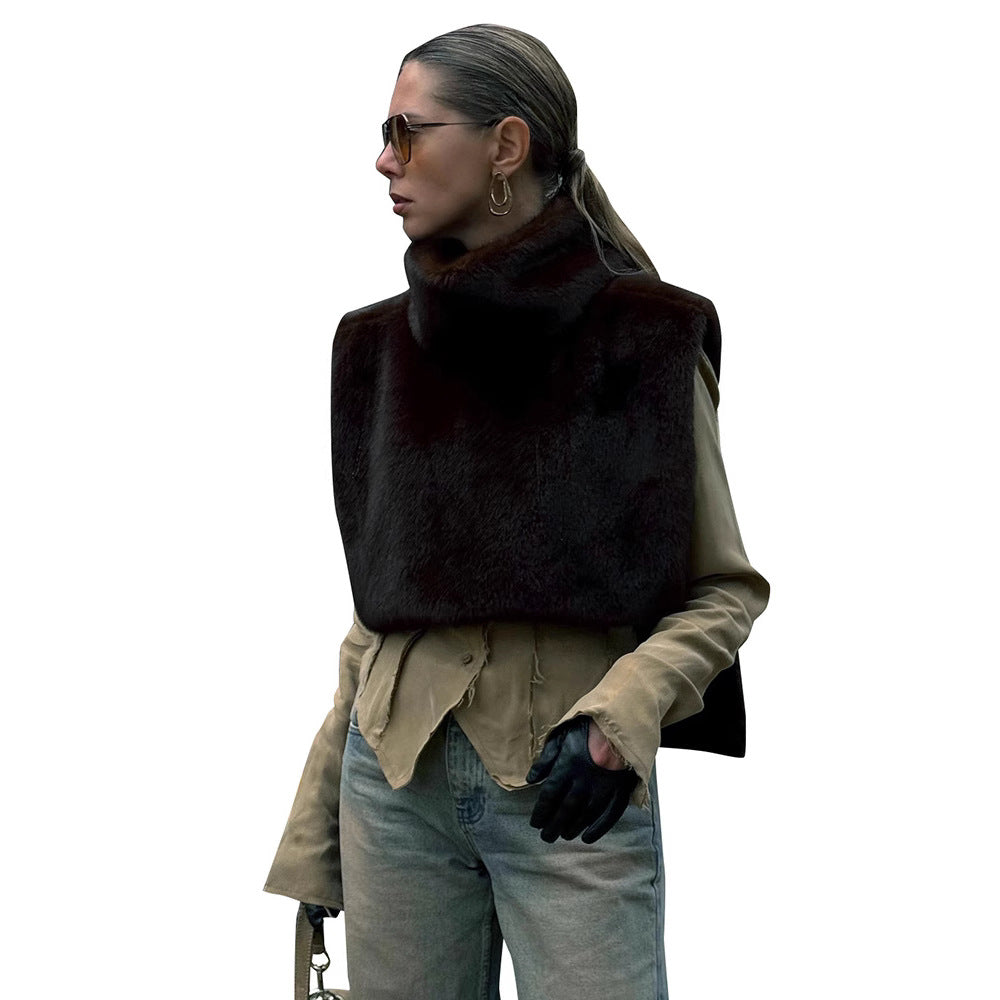 Half?Turtleneck Sleeveless Faux Fur Patchwork Slim Fit Vest