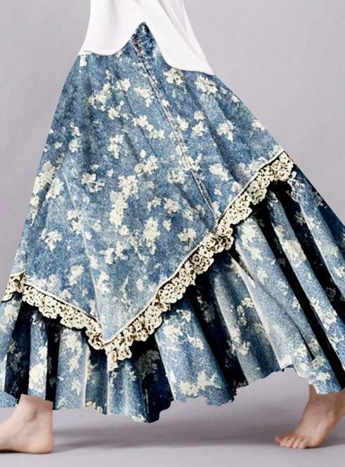 Vintage bloemen kanten lozwork midi rok voor artistieke stijl