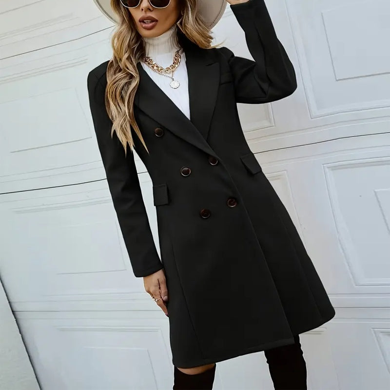 Women's Solid Color Double-Breasted Wool-Like Coat Notch Lapel Long Sleeve Mid-Length Overcoat With Pockets