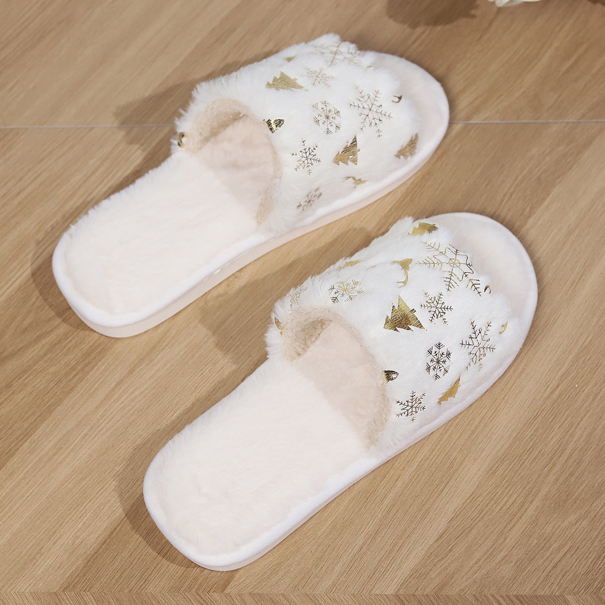 Soft Open Toed White and Gold Christmas Themed House Slippers