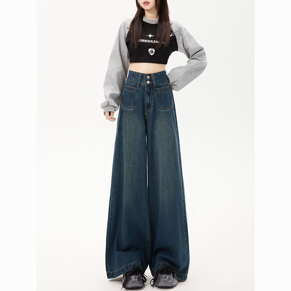 Jeans a gamba larga retrò a molla/autunno con piccola vita alta