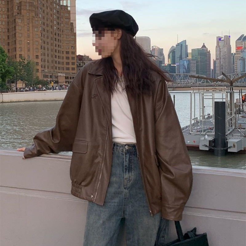 Women's Spring And Fall American Retro Loose Black Motorcycle Leather Jacket