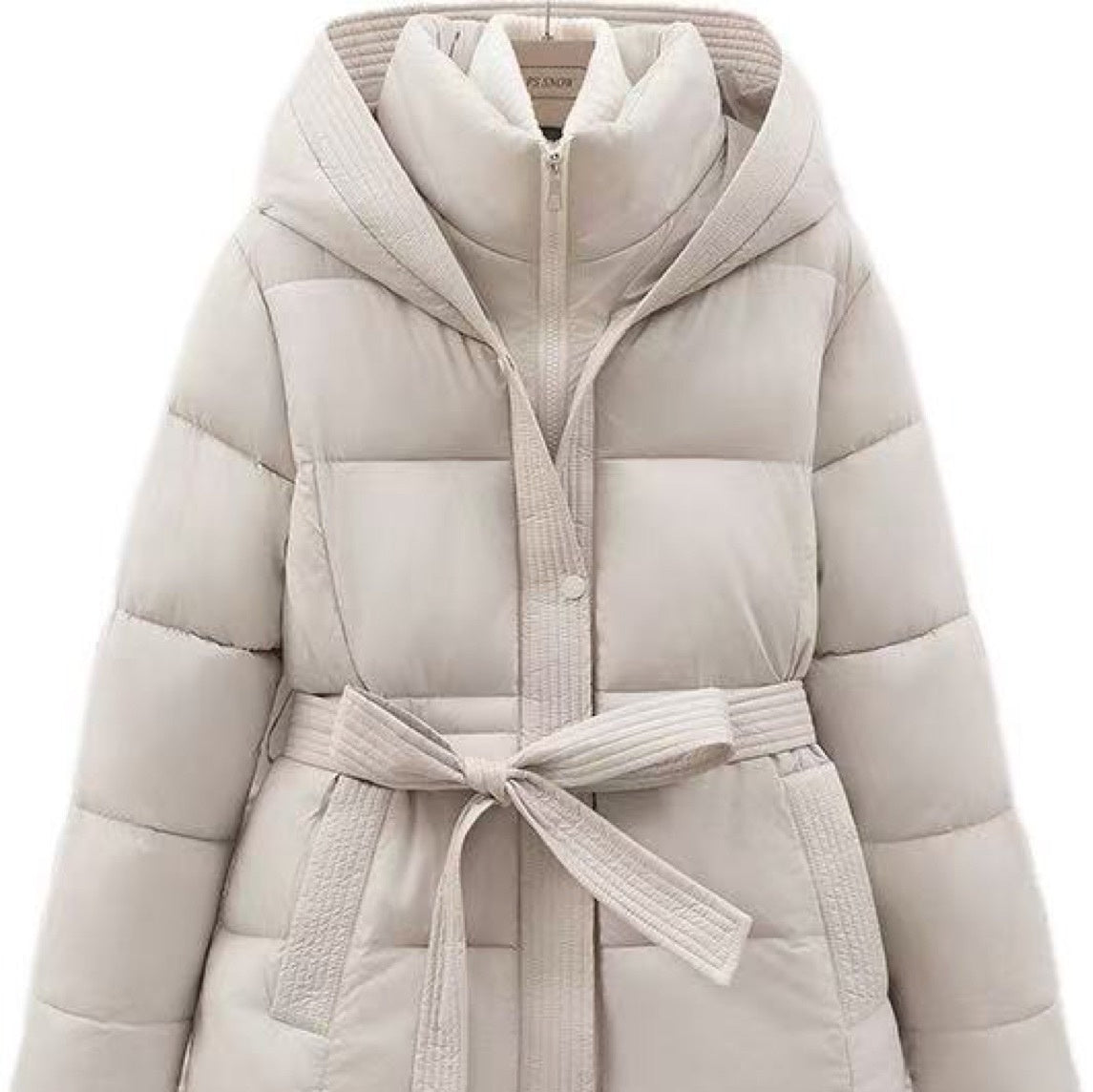 Women's Short Waist-cinching Slim-fit Hooded Tie-front Warm Coat