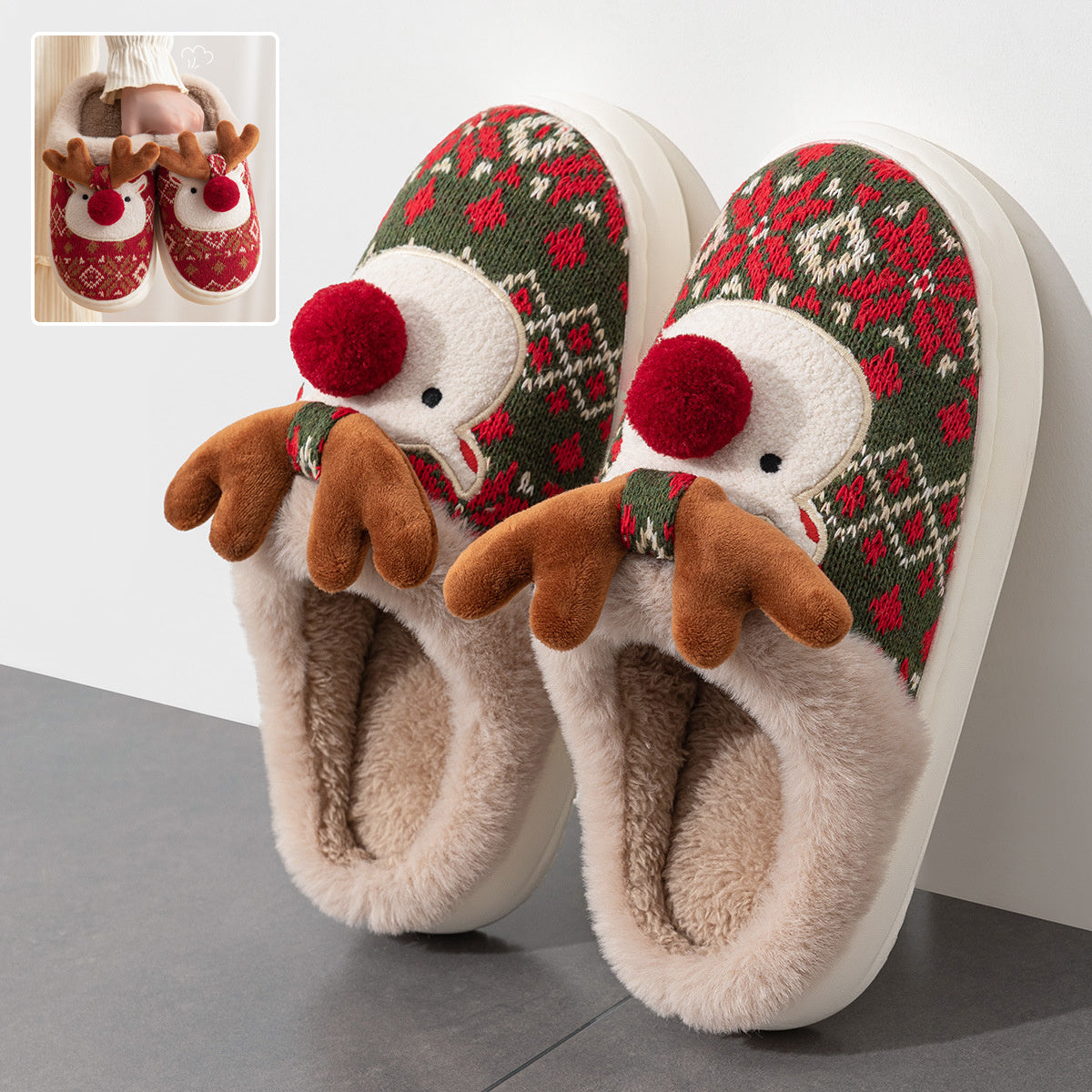 Durable and Soft 3D Reindeer House Shoes with Traction Soles