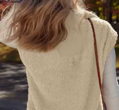 Cinnamon Faux Fur Snap-front Knot Side Plush Vest With Pockets