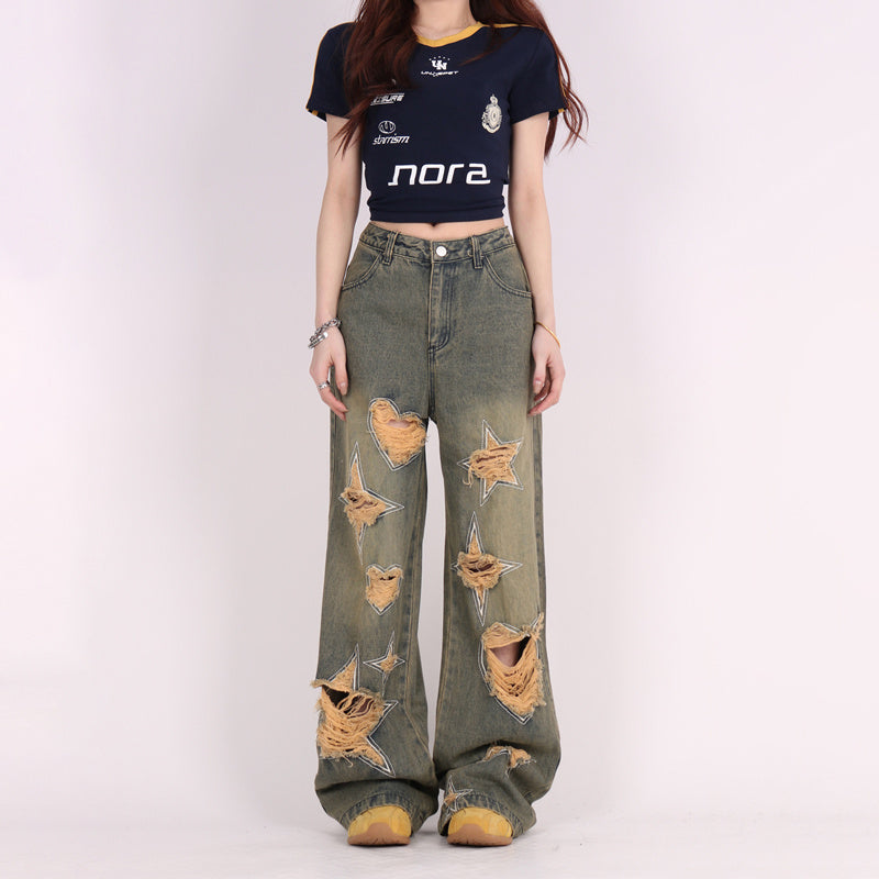 Tattered Wide-Big-Jeans mit Retro Love Patchwork