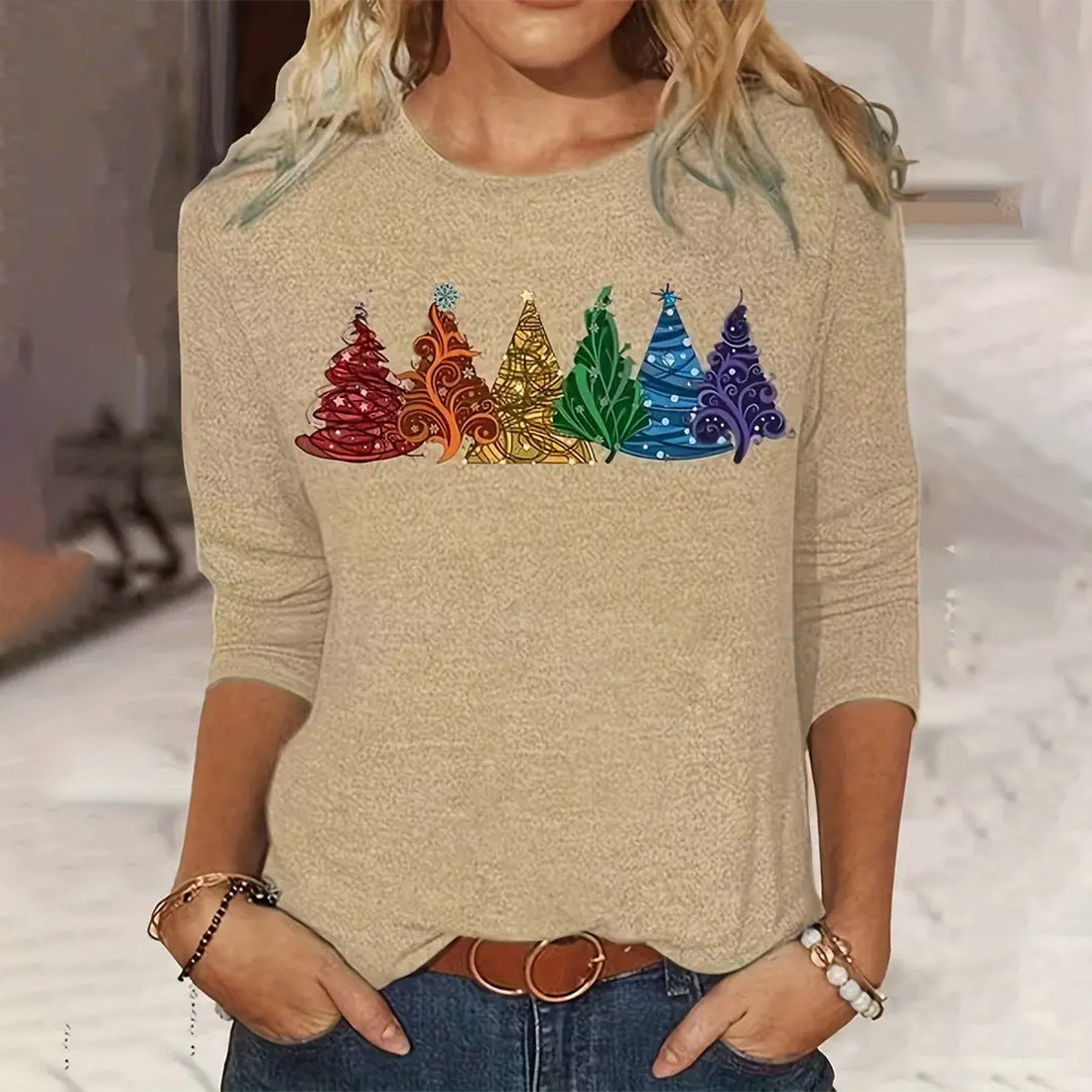 Women's Lightweight Long Sleeve Christmas Shirt with Rainbow Christmas Trees