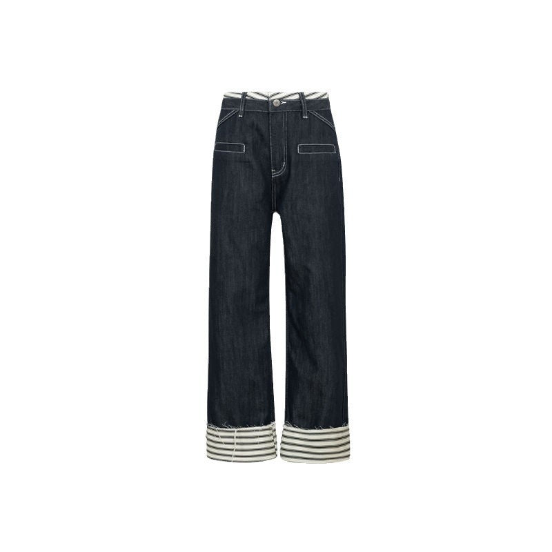 Striped Cuffed Wide-Leg Jeans with High-End Finish