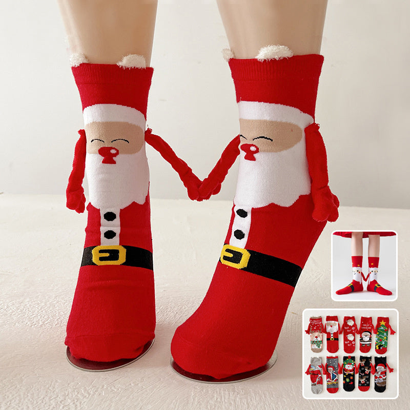 Cute Magnetic Hand Holding Christmas Themed Ankle Socks for Couples