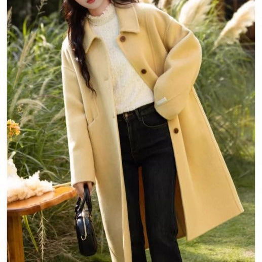 Loose-fit, Turn-down Collar, Double-faced Wool Coat, Mid-length Style
