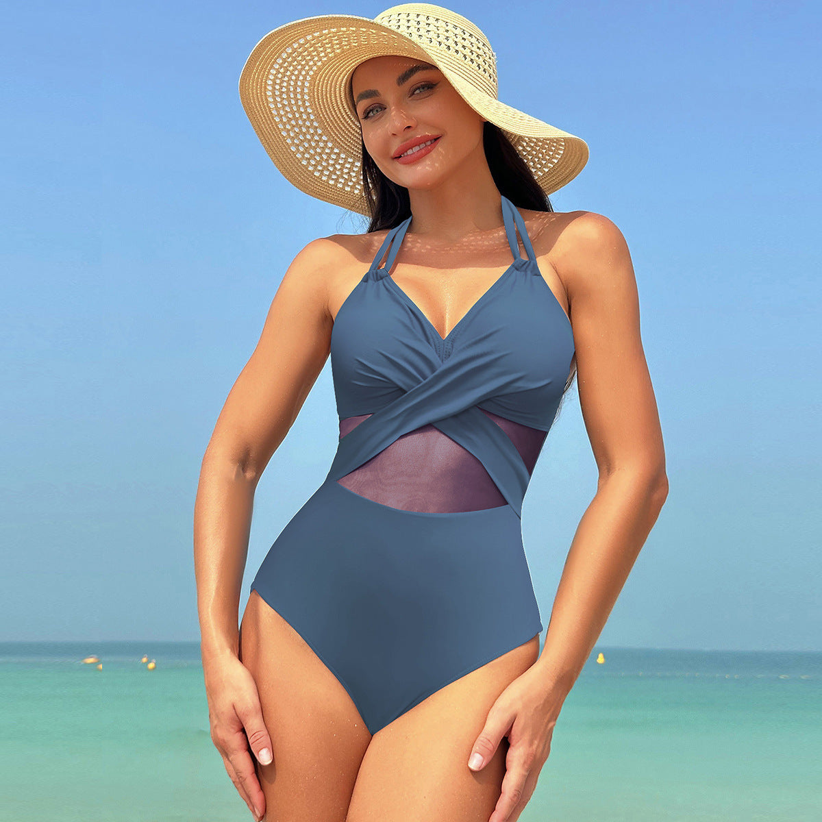 Women's One Piece Swimsuit with Mesh Midriff