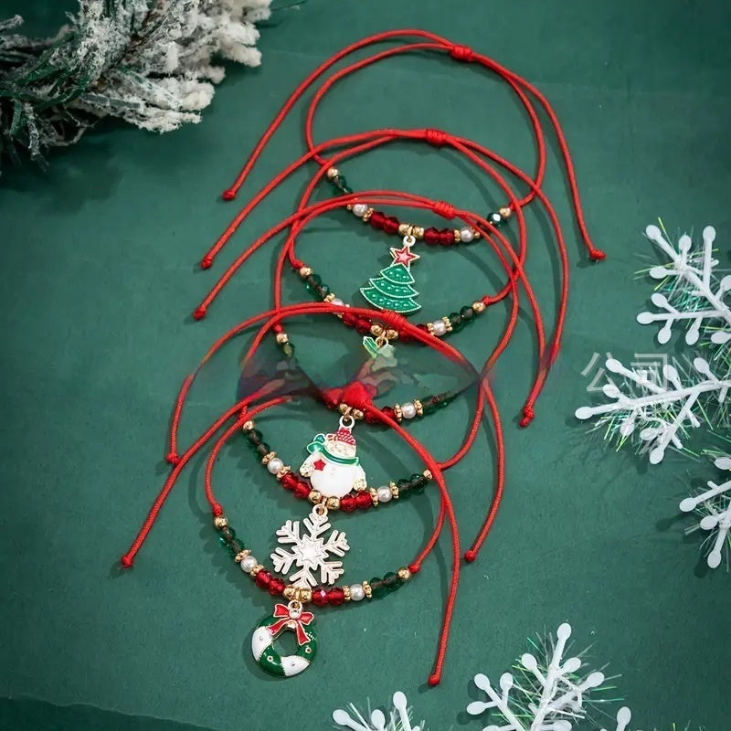 5-Piece Christmas Ribbon & Bead Bracelet Set With Tree, Bell, Snowflake, Wreath & Snowman-Theone Apparel