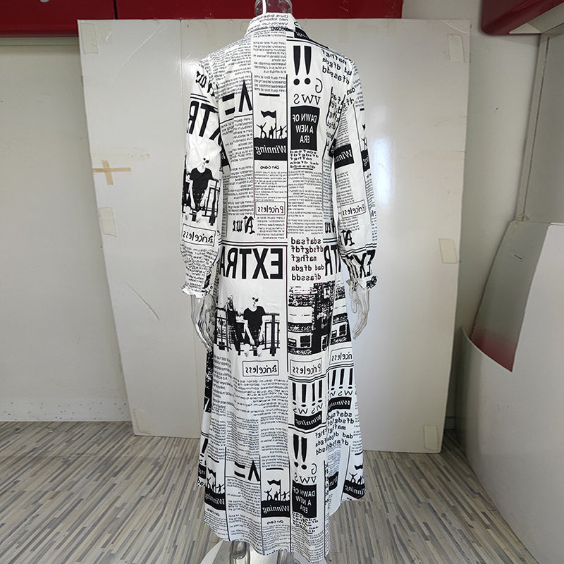 Abito da camicia stampata da giornale con fascino abbottonato rilassato