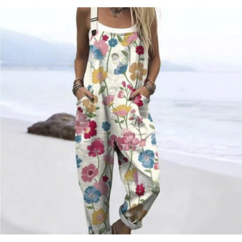 Women's Summer Digital Printing Button Casual Suspender Trousers
