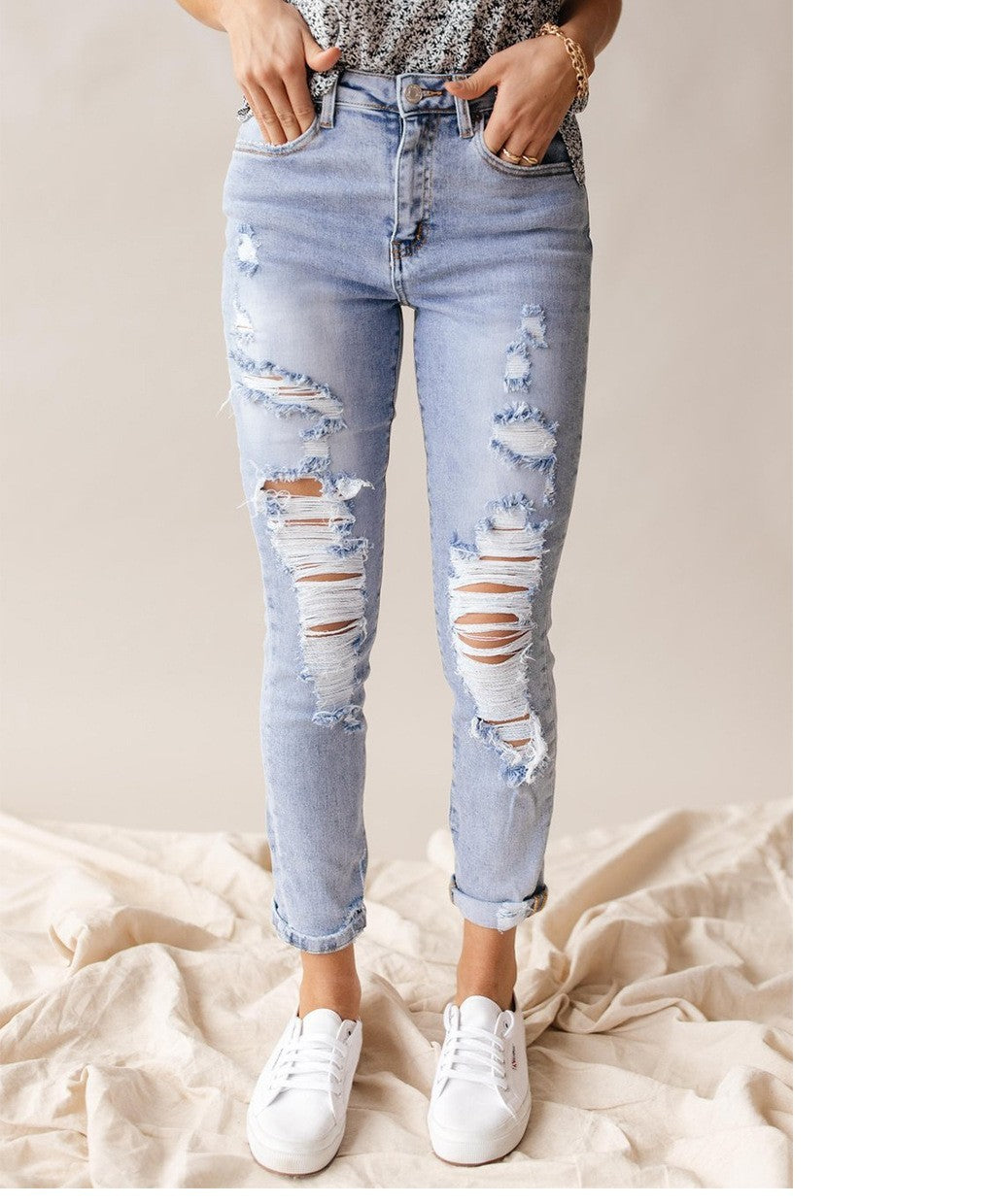Jeans de ocio angustiados de cintura alta para la primavera y el verano