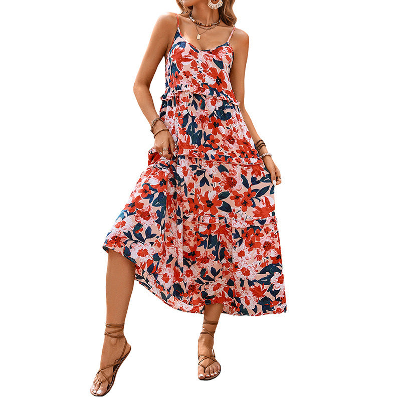 Vestido de balanço floral arejado com tiras de espaguete para férias