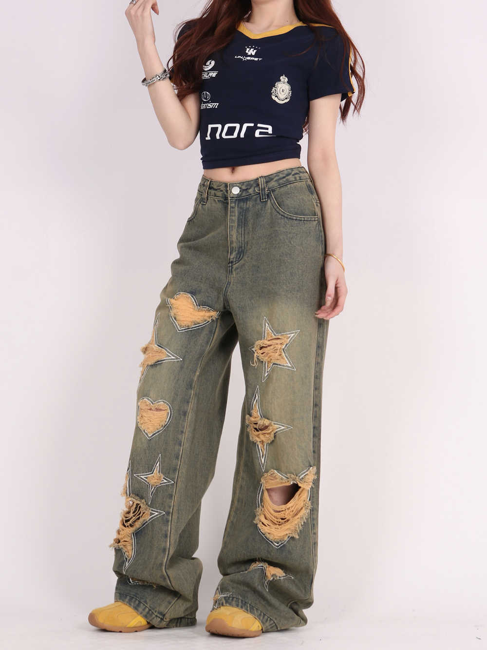Tattered Wide-Big-Jeans mit Retro Love Patchwork