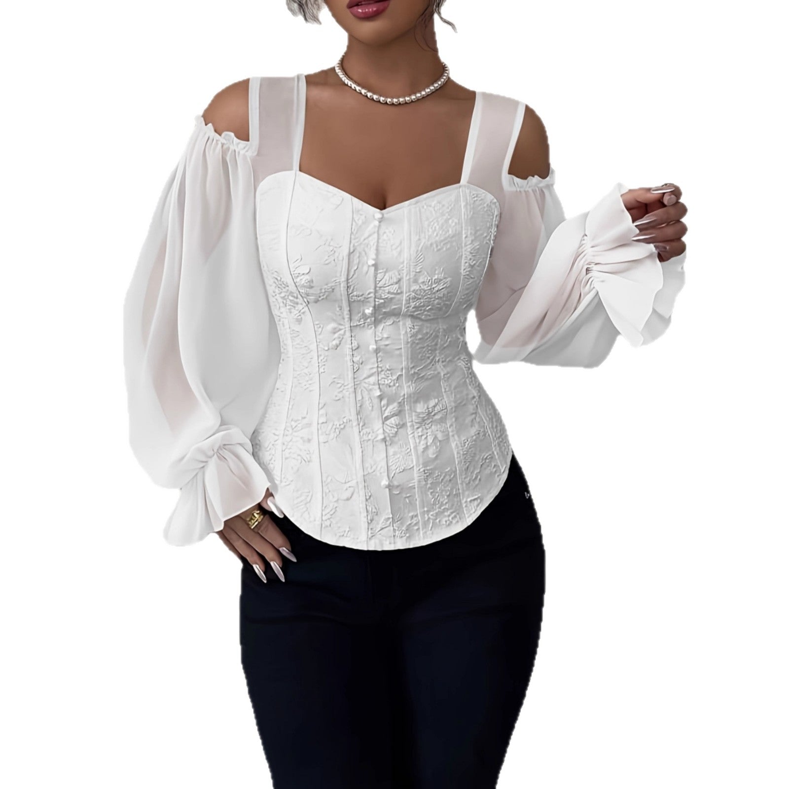 Elegant Off-Shoulder Floral Jacquard Puff-Sleeve Blouse