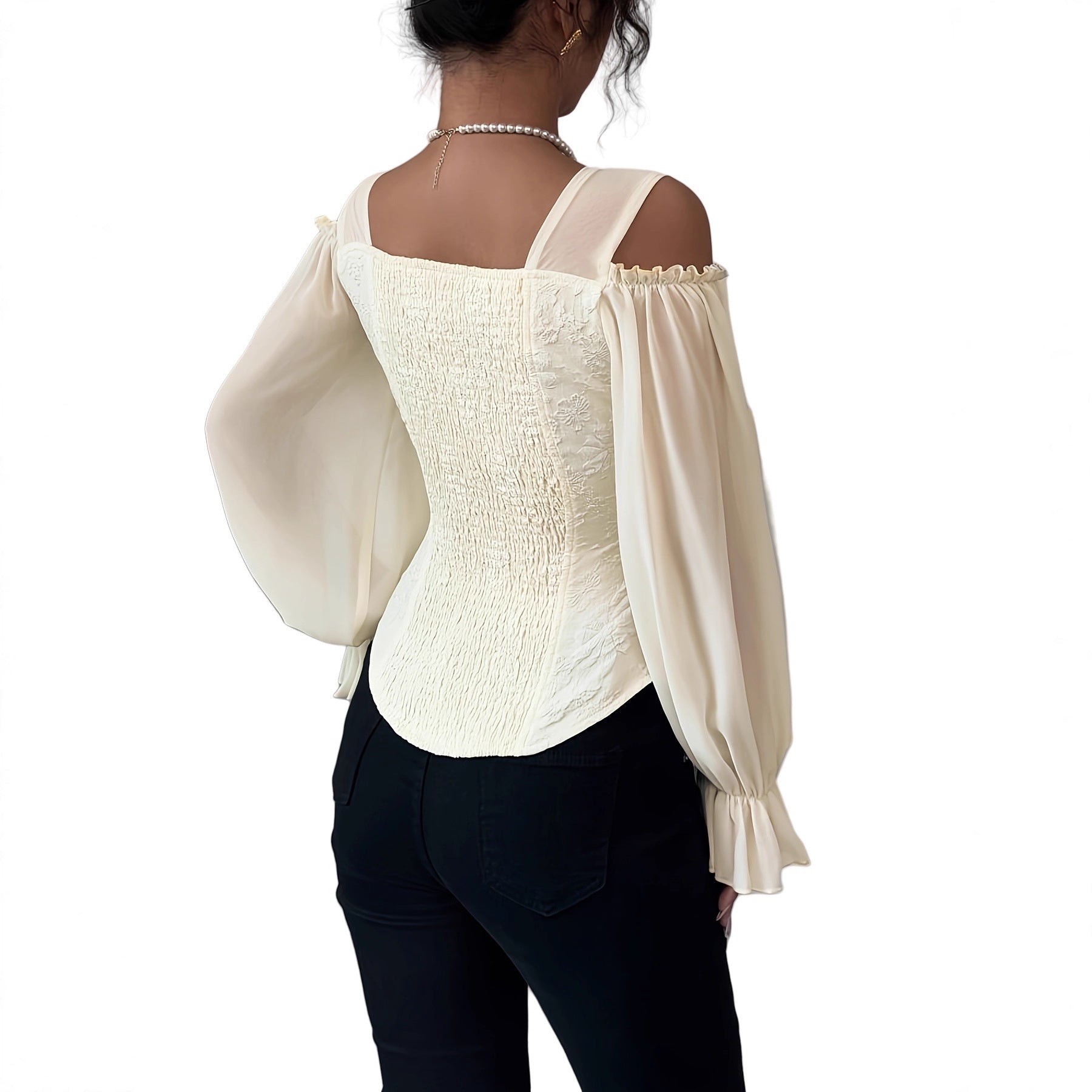 Elegant Off-Shoulder Floral Jacquard Puff-Sleeve Blouse