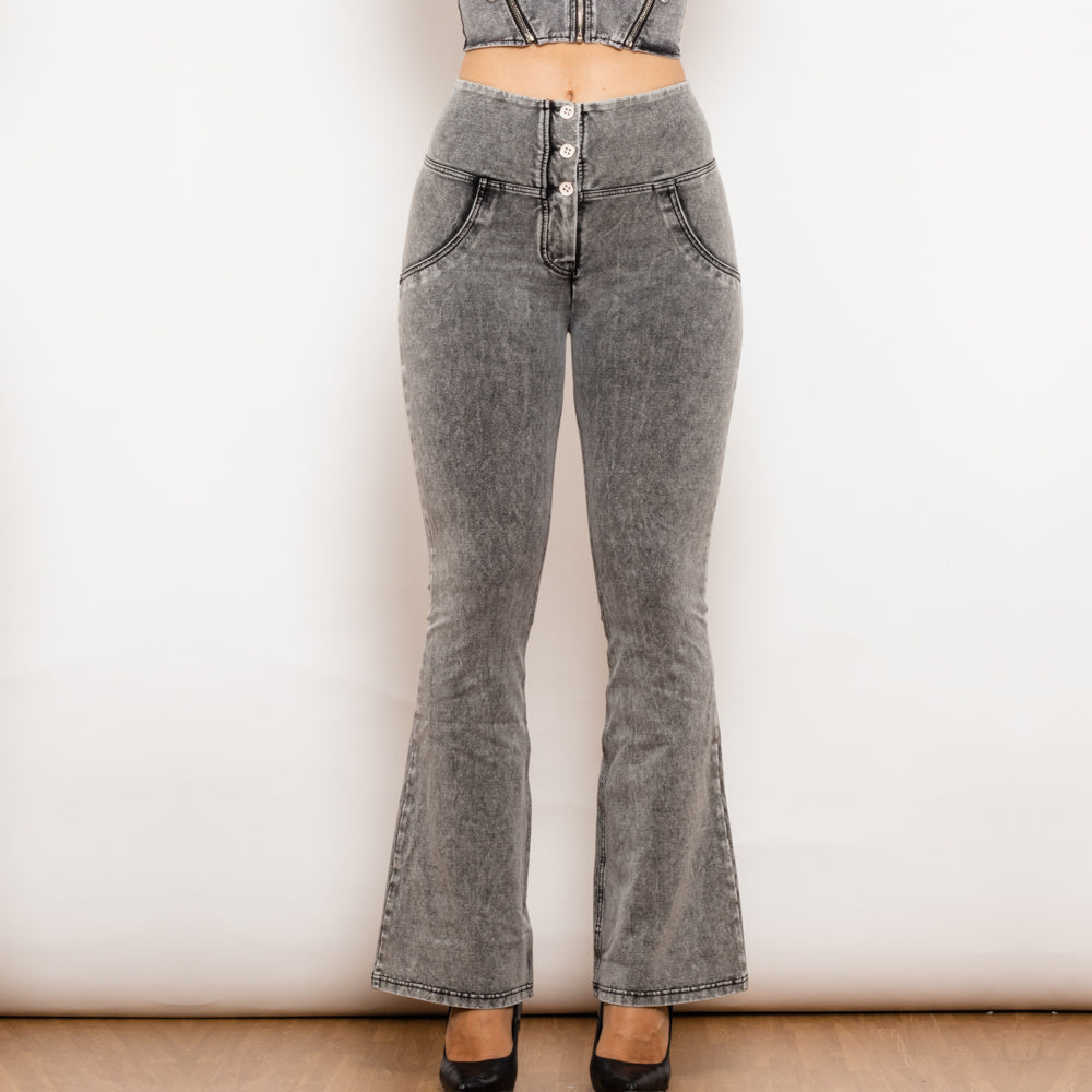 Button-Up High-Waisted Flared Jeans with Push-Up Support