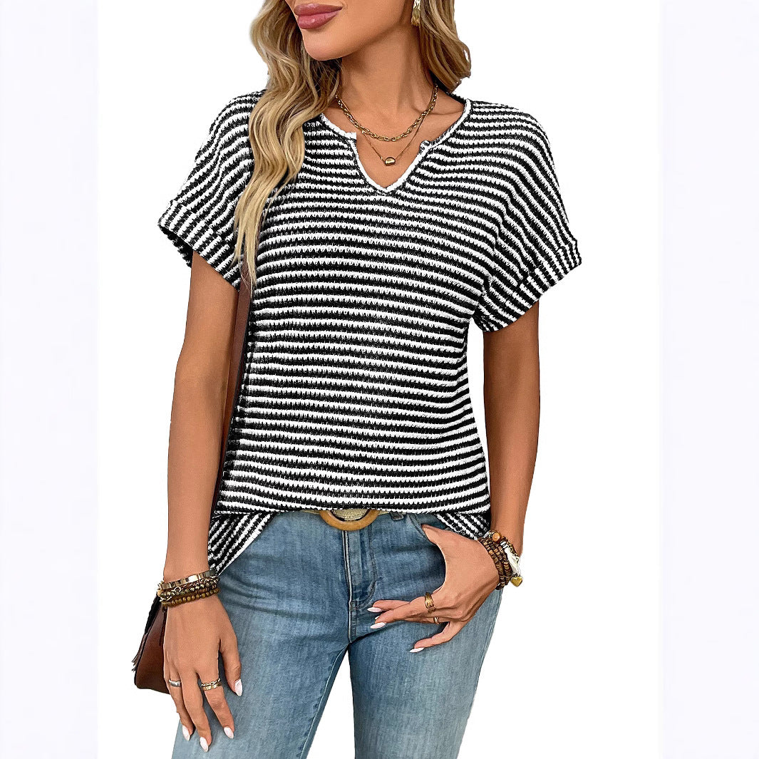 New Women's V-neck Short-sleeve Loose-fit Striped Casual Pullover T-shirt