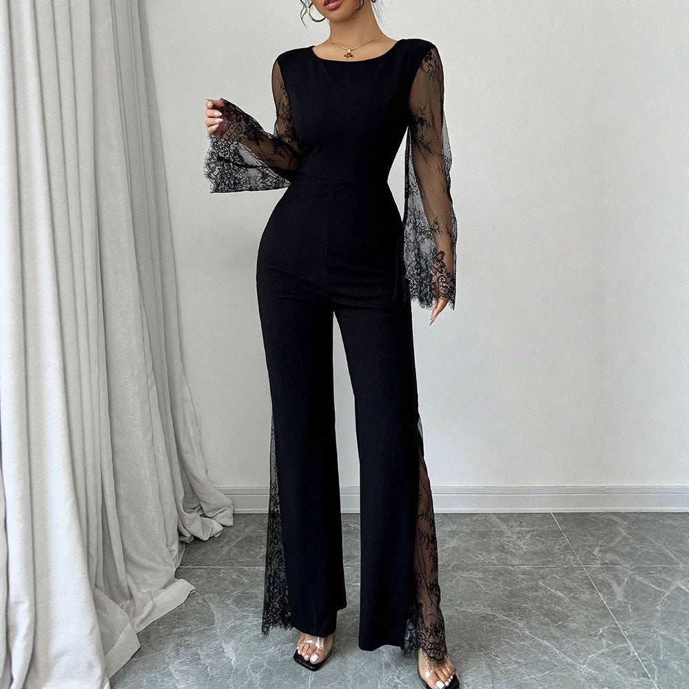 Lace-embellished Long-sleeve Crew-neck Bodycon Jumpsuit With A Cinched Waist And Hip-lifting Design