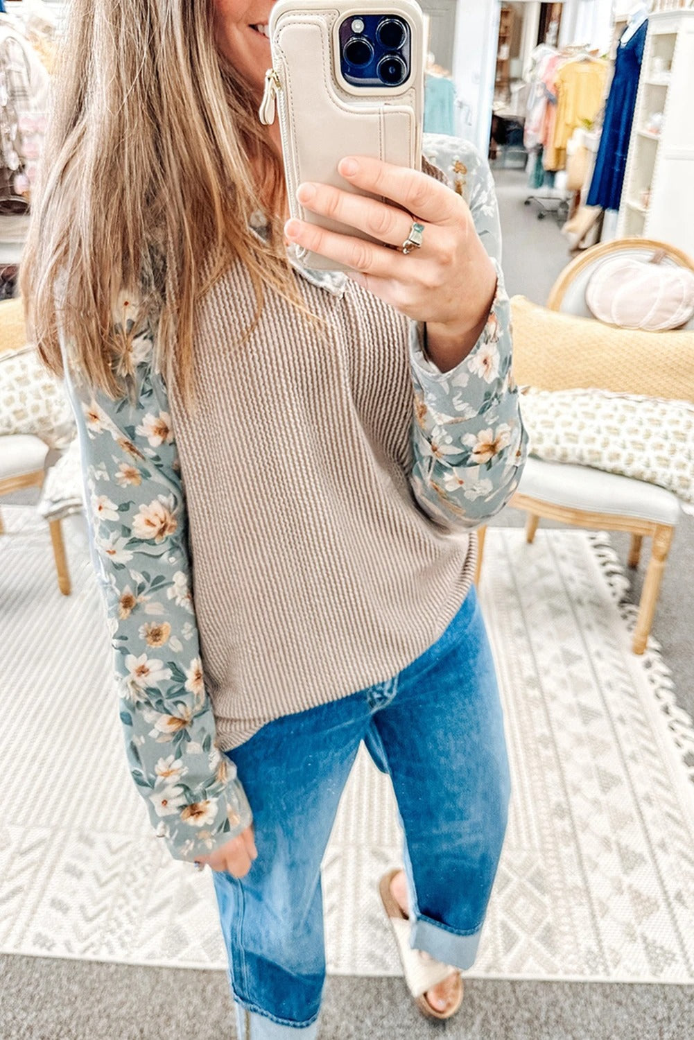 Khaki Ribbed Floral Patchwork Long Sleeve Top For Women