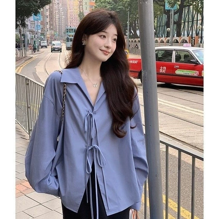 Laid-back Style Bow-Tied Long-Sleeve Shirt