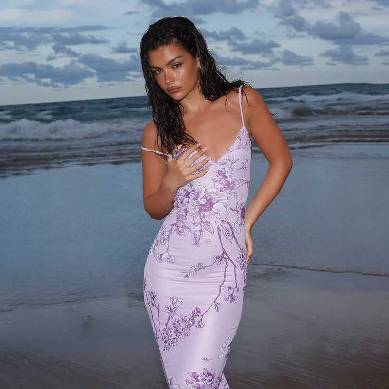 Gaun bodycon cetak ungu ungu elegan untuk pesta malam