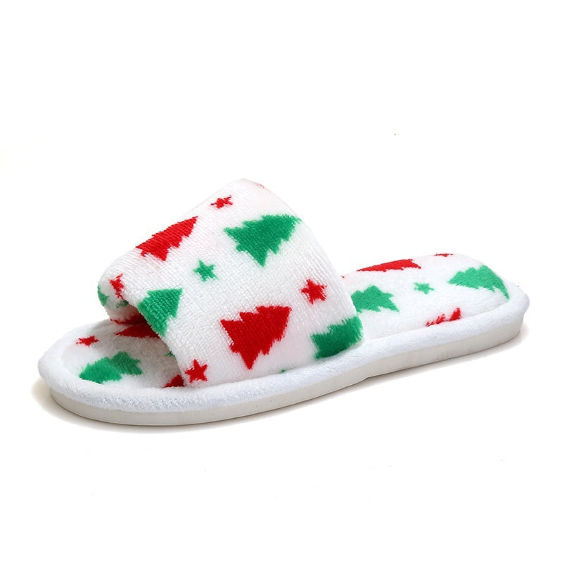 Multicolor Christmas Themed Fleece Open Toed House Shoes