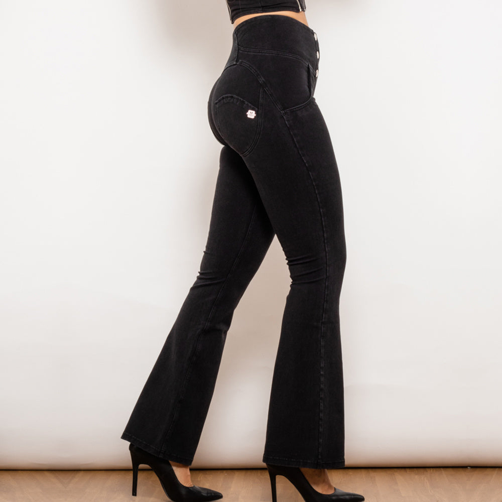 Button-Up High-Waisted Flared Jeans with Push-Up Support
