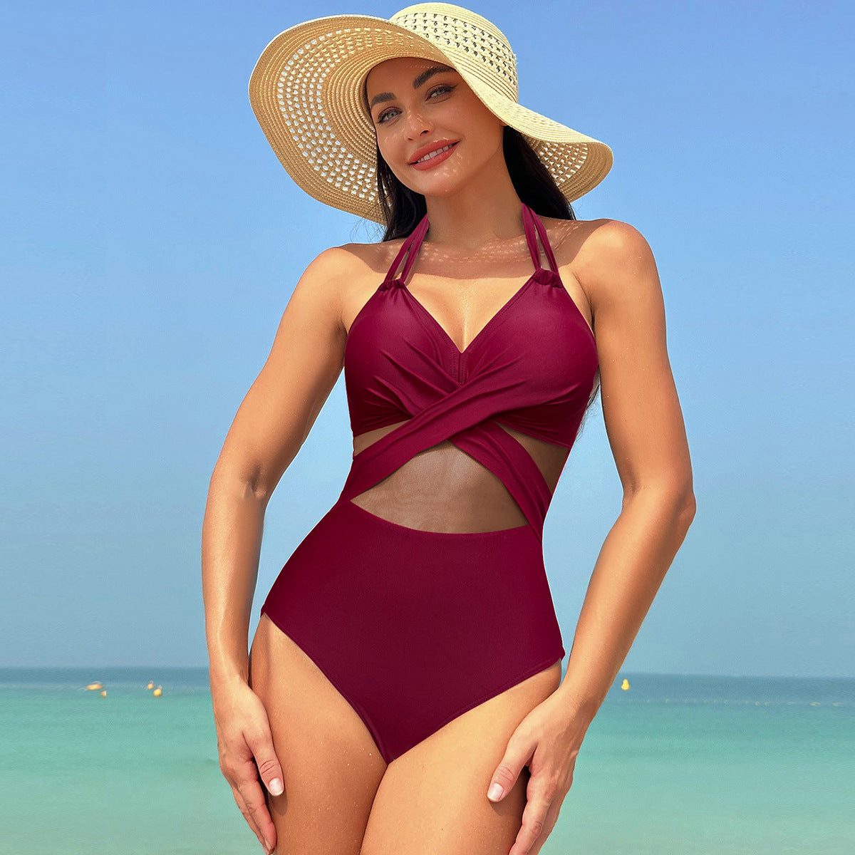 Women's One Piece Swimsuit with Mesh Midriff