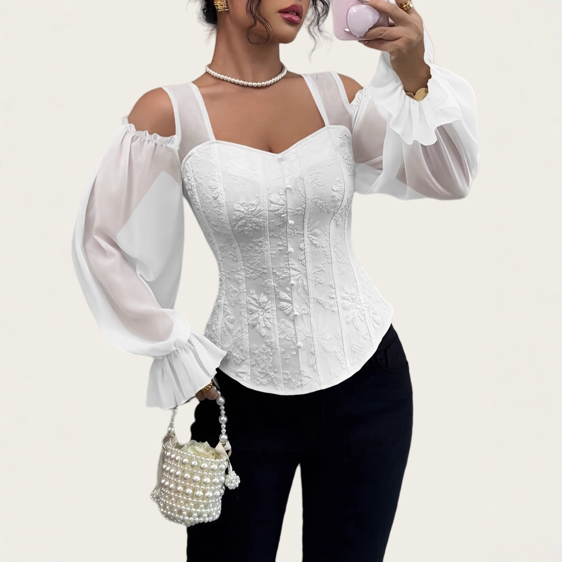 Elegant Off-Shoulder Floral Jacquard Puff-Sleeve Blouse