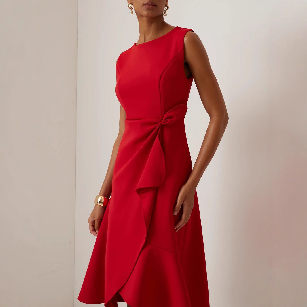 Gaun leher bundar tanpa lengan merah dengan temperamen elegan