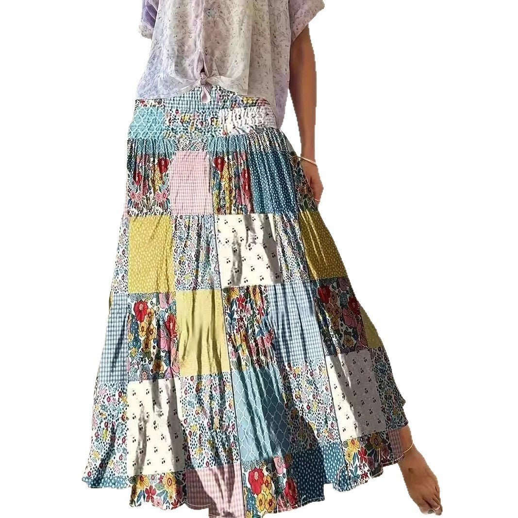 Falda larga floral de costura impresa para ropa popular diaria