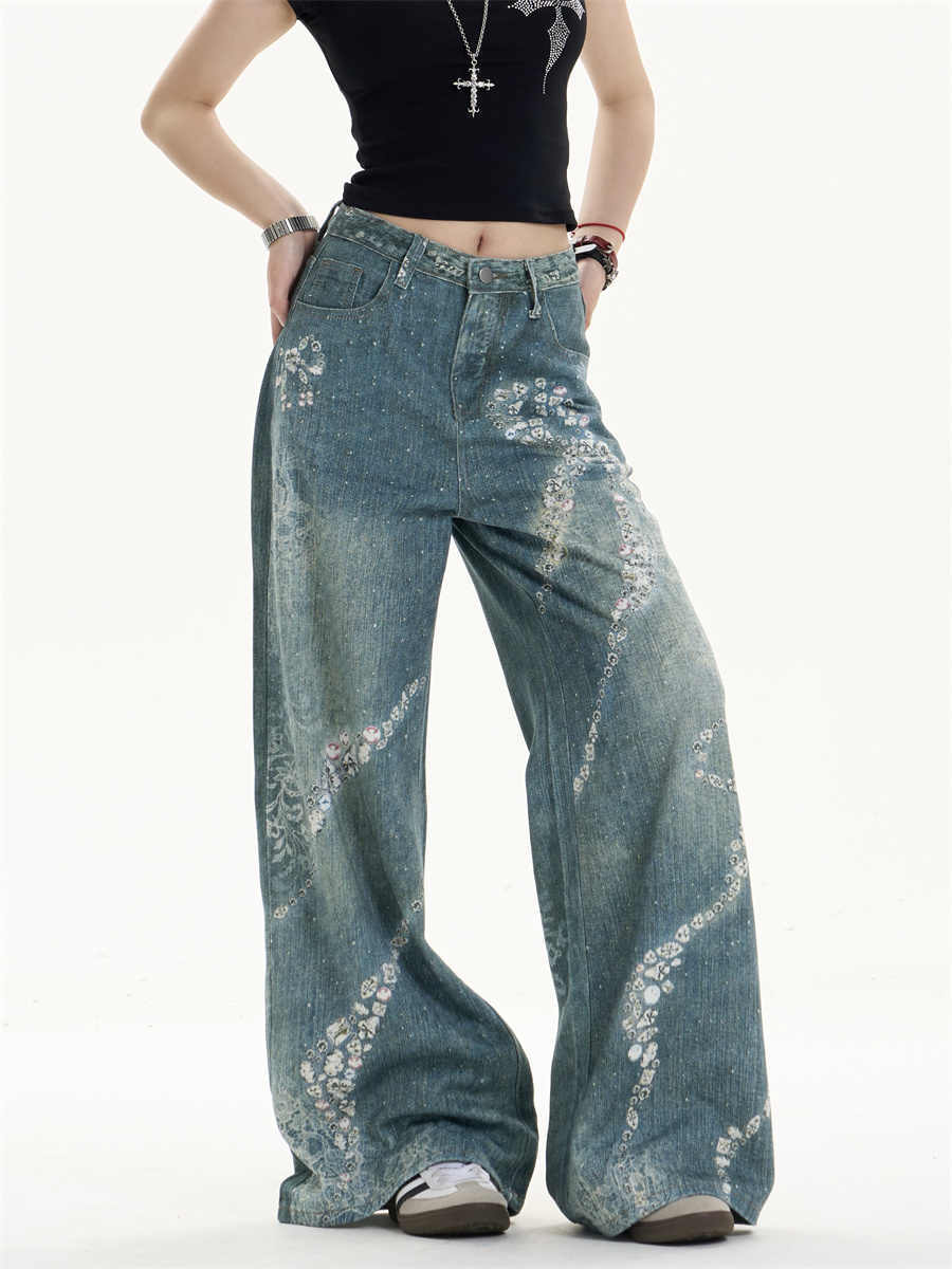 Jeans giocosi a gamba a gamba con stampa bowknot con tocco femminile