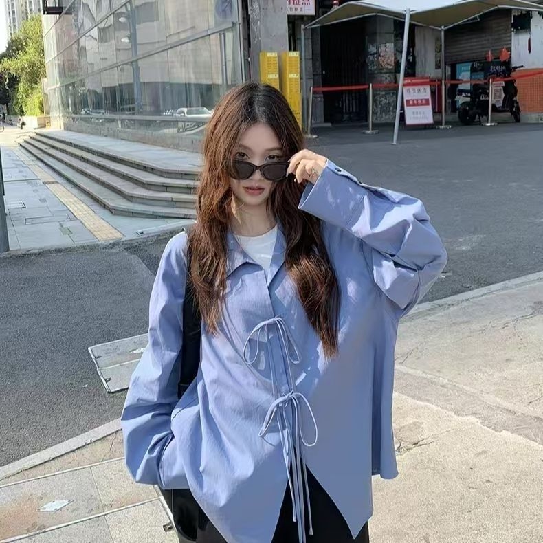 Laid-back Style Bow-Tied Long-Sleeve Shirt