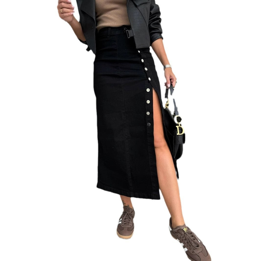 Women's Solid Color Button Irregular Slit Denim Skirt