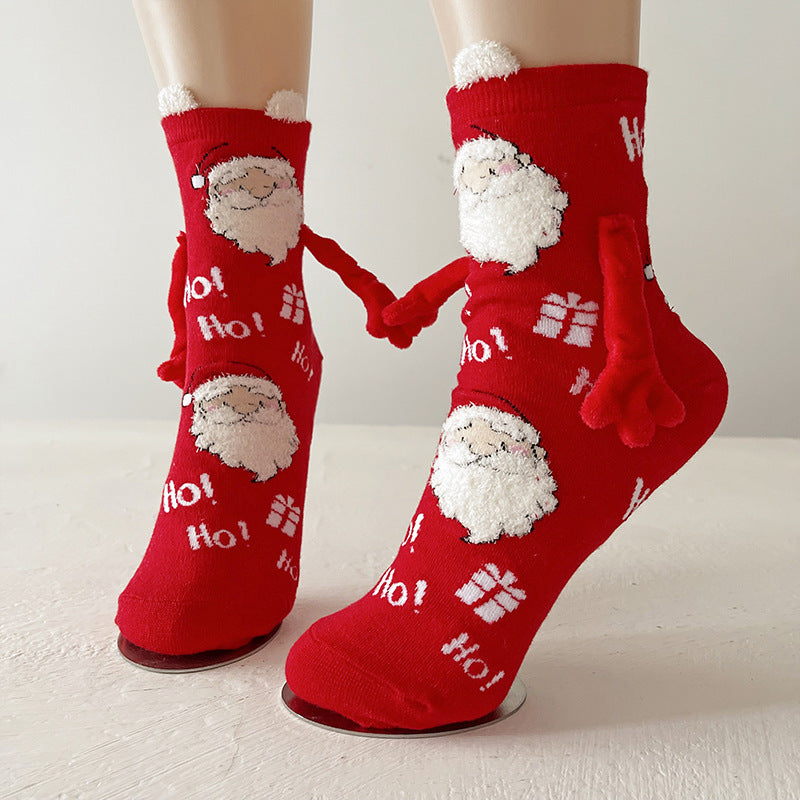 Cute Magnetic Hand Holding Christmas Themed Ankle Socks for Couples