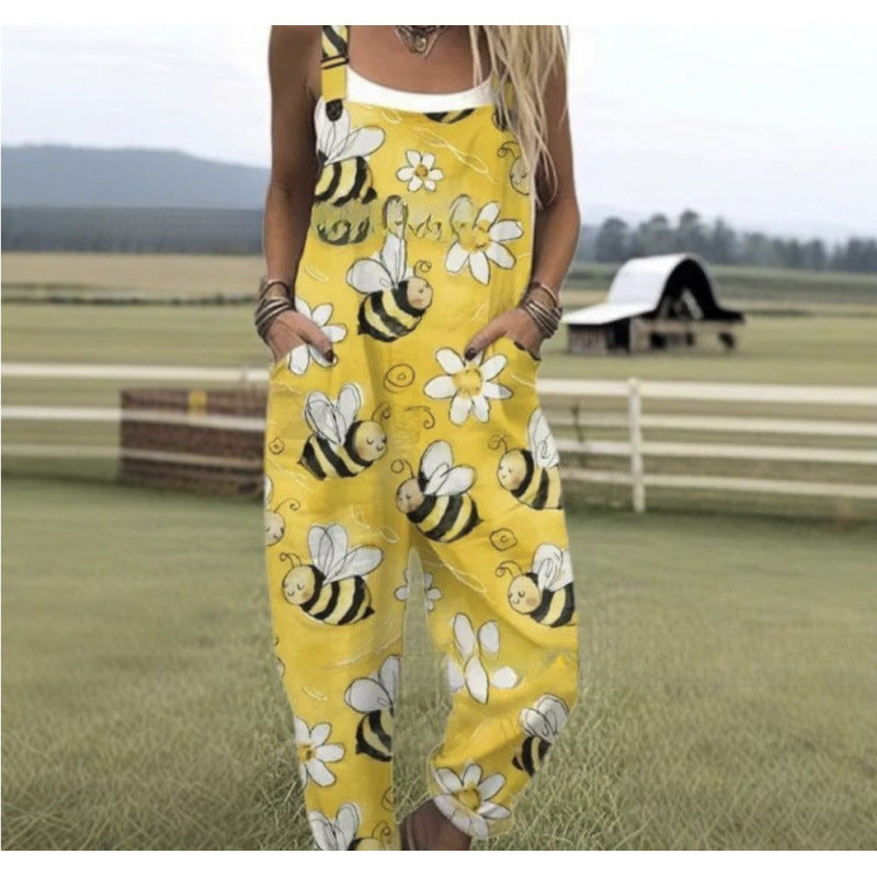 Women's Summer Digital Printing Button Casual Suspender Trousers