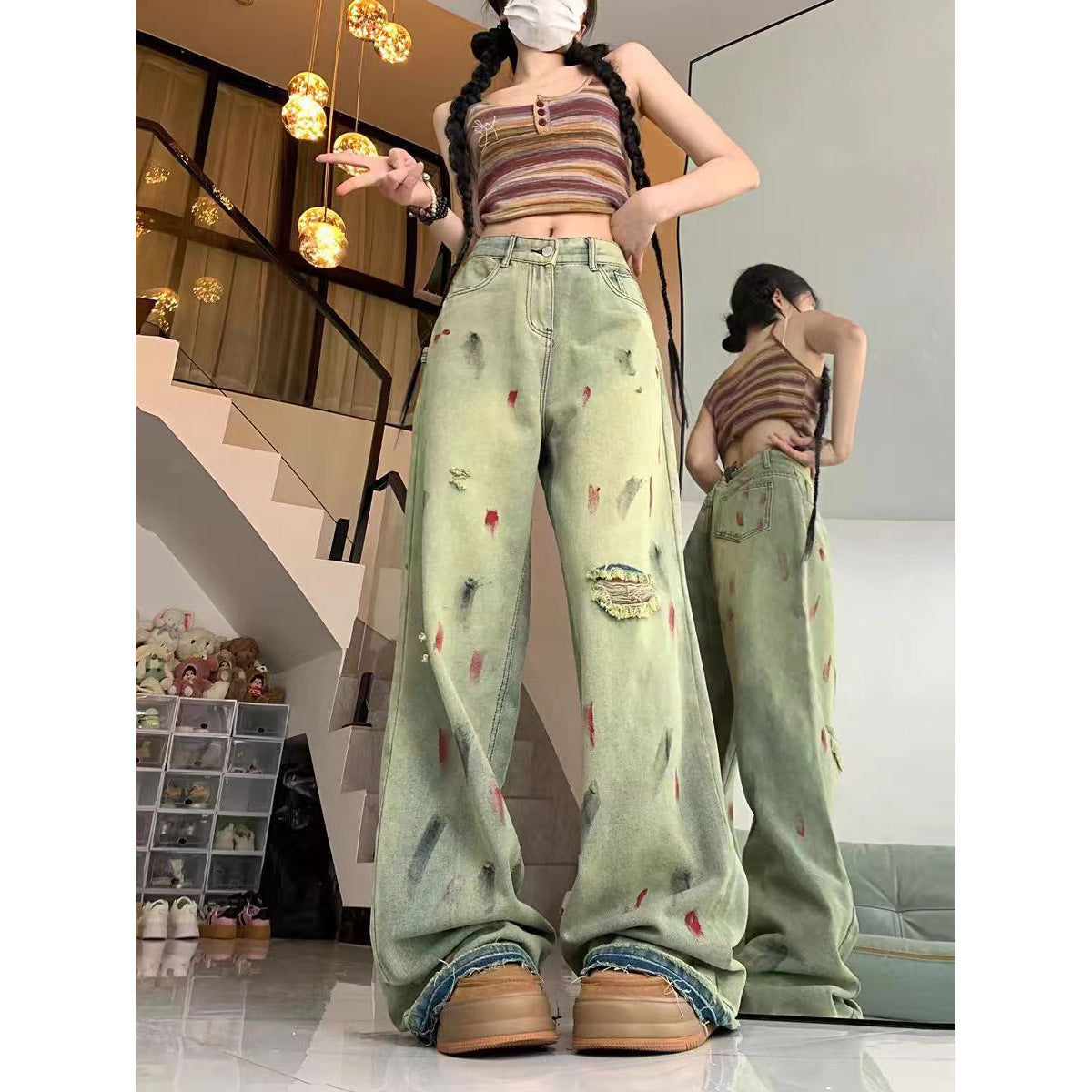 塗有藝術風格的原始邊緣寬腿牛仔褲
