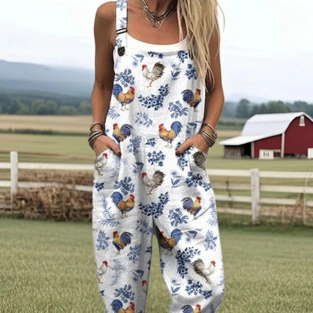 Women's Summer Digital Printing Button Casual Suspender Trousers