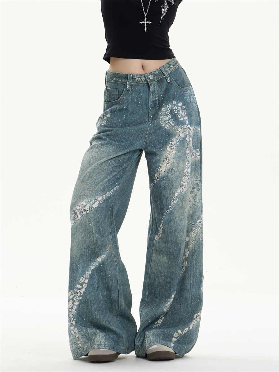 Jeans giocosi a gamba a gamba con stampa bowknot con tocco femminile
