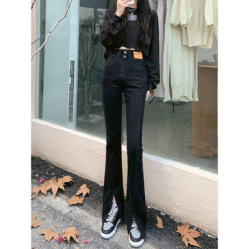 Black Slim Split Flared Jeans with Double Button Finish